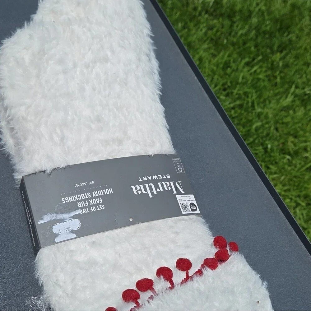 Martha Stewart Set of 2 Faux Fur Christmas Stockings White/Red 22 in
